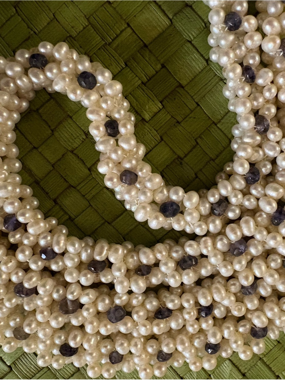 Fresh Water Pearl Woven Necklace with Blue Sapphire Stones. 38 inches